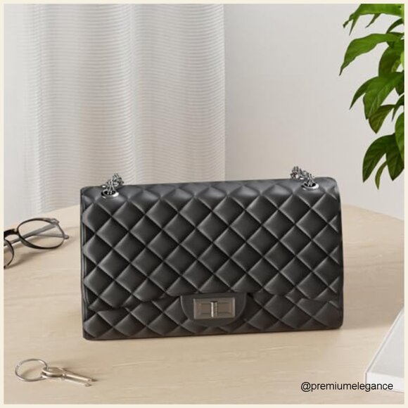 Quilted Crossbody Shoulder Bag with Chain Strap, Faux Leather, Medium Size - Picture 3 of 7